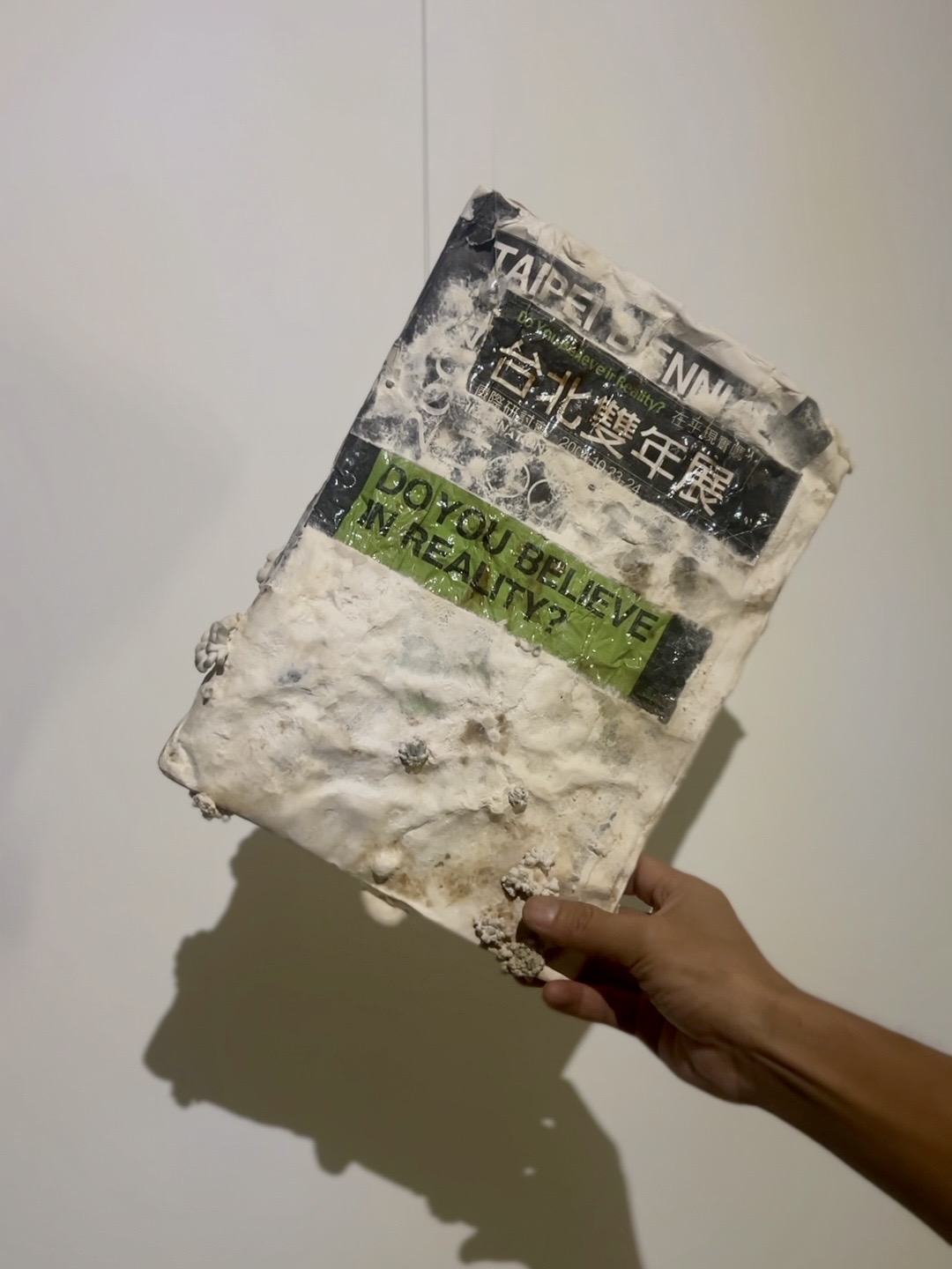 Hand holding old book with mycelium growing on cover